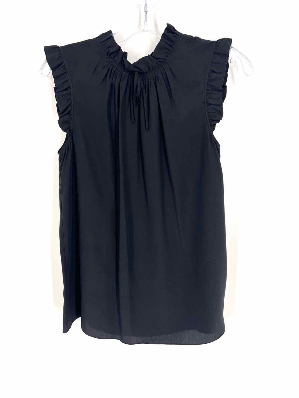 Tibi Size 4 Black Ruffle Trim Silk Tops Top-Sleeveless